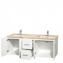 60 inch Double Bathroom Vanity in Matte White, Ivory Marble Countertop, Undermount Square Sinks, and No Mirror