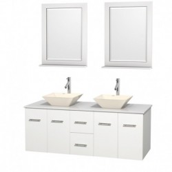60 inch Double Bathroom Vanity in Matte White, White Man-Made Stone Countertop, Pyra Bone Porcelain Sinks, and 24 inch Mirrors