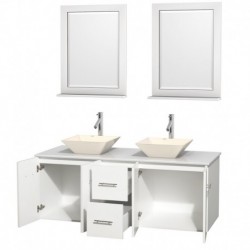 60 inch Double Bathroom Vanity in Matte White, White Man-Made Stone Countertop, Pyra Bone Porcelain Sinks, and 24 inch Mirrors