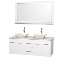 60 inch Double Bathroom Vanity in Matte White, White Man-Made Stone Countertop, Pyra Bone Porcelain Sinks, and 58 inch Mirror