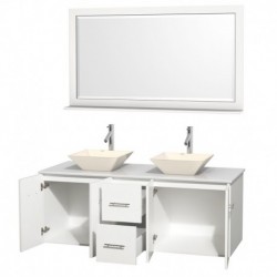 60 inch Double Bathroom Vanity in Matte White, White Man-Made Stone Countertop, Pyra Bone Porcelain Sinks, and 58 inch Mirror