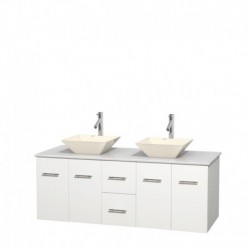 60 inch Double Bathroom Vanity in Matte White, White Man-Made Stone Countertop, Pyra Bone Porcelain Sinks, and No Mirror