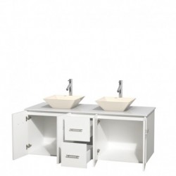 60 inch Double Bathroom Vanity in Matte White, White Man-Made Stone Countertop, Pyra Bone Porcelain Sinks, and No Mirror