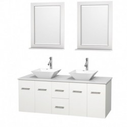 60 inch Double Bathroom Vanity in Matte White, White Man-Made Stone Countertop, Pyra White Porcelain Sinks, and 24 inch Mirrors