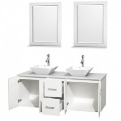 60 inch Double Bathroom Vanity in Matte White, White Man-Made Stone Countertop, Pyra White Porcelain Sinks, and 24 inch Mirrors