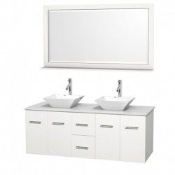 60 inch Double Bathroom Vanity in Matte White, White Man-Made Stone Countertop, Pyra White Porcelain Sinks, and 58 inch Mirror