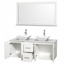 60 inch Double Bathroom Vanity in Matte White, White Man-Made Stone Countertop, Pyra White Porcelain Sinks, and 58 inch Mirror