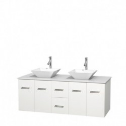 60 inch Double Bathroom Vanity in Matte White, White Man-Made Stone Countertop, Pyra White Porcelain Sinks, and No Mirror
