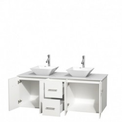 60 inch Double Bathroom Vanity in Matte White, White Man-Made Stone Countertop, Pyra White Porcelain Sinks, and No Mirror