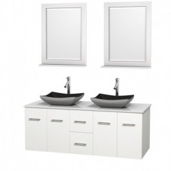 60 inch Double Bathroom Vanity in Matte White, White Man-Made Stone Countertop, Altair Black Granite Sinks, and 24 inch Mirrors