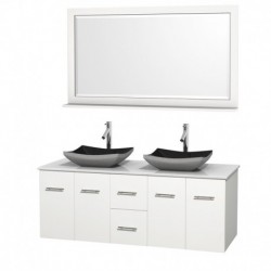 60 inch Double Bathroom Vanity in Matte White, White Man-Made Stone Countertop, Altair Black Granite Sinks, and 58 inch Mirror