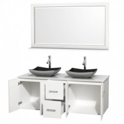60 inch Double Bathroom Vanity in Matte White, White Man-Made Stone Countertop, Altair Black Granite Sinks, and 58 inch Mirror