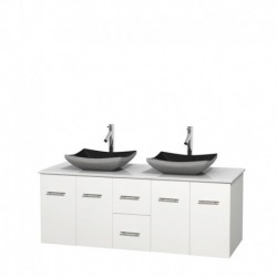 60 inch Double Bathroom Vanity in Matte White, White Man-Made Stone Countertop, Altair Black Granite Sinks, and No Mirror