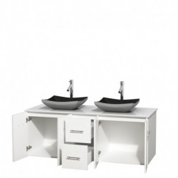 60 inch Double Bathroom Vanity in Matte White, White Man-Made Stone Countertop, Altair Black Granite Sinks, and No Mirror