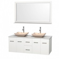 60 inch Double Bathroom Vanity in Matte White, White Man-Made Stone Countertop, Avalon Ivory Marble Sinks, and 58 inch Mirror