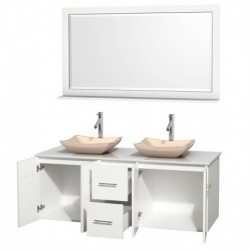 60 inch Double Bathroom Vanity in Matte White, White Man-Made Stone Countertop, Avalon Ivory Marble Sinks, and 58 inch Mirror