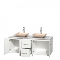 60 inch Double Bathroom Vanity in Matte White, White Man-Made Stone Countertop, Avalon Ivory Marble Sinks, and No Mirror