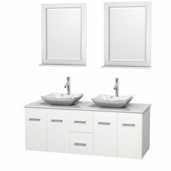 60 inch Double Bathroom Vanity in Matte White, White Man-Made Stone Countertop, Avalon White Carrera Marble Sinks, and 24 inch