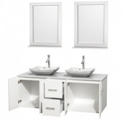60 inch Double Bathroom Vanity in Matte White, White Man-Made Stone Countertop, Avalon White Carrera Marble Sinks, and 24 inch