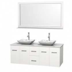60 inch Double Bathroom Vanity in Matte White, White Man-Made Stone Countertop, Avalon White Carrera Marble Sinks, and 58 inch