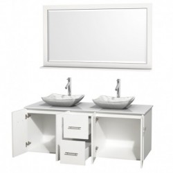 60 inch Double Bathroom Vanity in Matte White, White Man-Made Stone Countertop, Avalon White Carrera Marble Sinks, and 58 inch