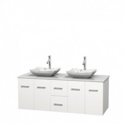 60 inch Double Bathroom Vanity in Matte White, White Man-Made Stone Countertop, Avalon White Carrera Marble Sinks, and No Mirro