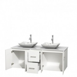 60 inch Double Bathroom Vanity in Matte White, White Man-Made Stone Countertop, Avalon White Carrera Marble Sinks, and No Mirro