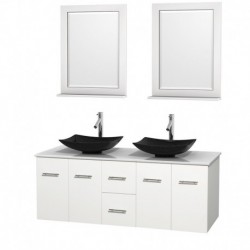 60 inch Double Bathroom Vanity in Matte White, White Man-Made Stone Countertop, Arista Black Granite Sinks, and 24 inch Mirrors