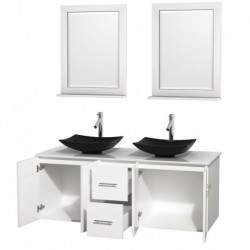 60 inch Double Bathroom Vanity in Matte White, White Man-Made Stone Countertop, Arista Black Granite Sinks, and 24 inch Mirrors