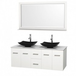 60 inch Double Bathroom Vanity in Matte White, White Man-Made Stone Countertop, Arista Black Granite Sinks, and 58 inch Mirror
