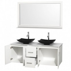 60 inch Double Bathroom Vanity in Matte White, White Man-Made Stone Countertop, Arista Black Granite Sinks, and 58 inch Mirror