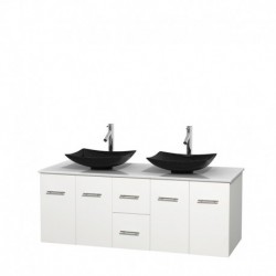 60 inch Double Bathroom Vanity in Matte White, White Man-Made Stone Countertop, Arista Black Granite Sinks, and No Mirror