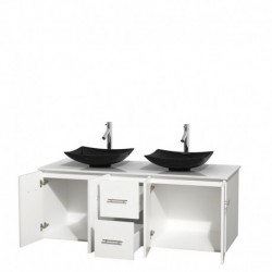 60 inch Double Bathroom Vanity in Matte White, White Man-Made Stone Countertop, Arista Black Granite Sinks, and No Mirror