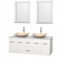 60 inch Double Bathroom Vanity in Matte White, White Man-Made Stone Countertop, Arista Ivory Marble Sinks, and 24 inch Mirrors