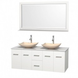 60 inch Double Bathroom Vanity in Matte White, White Man-Made Stone Countertop, Arista Ivory Marble Sinks, and 58 inch Mirror