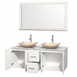 60 inch Double Bathroom Vanity in Matte White, White Man-Made Stone Countertop, Arista Ivory Marble Sinks, and 58 inch Mirror