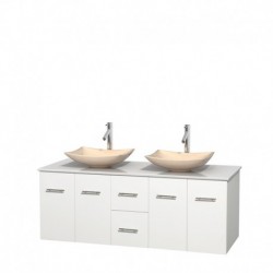 60 inch Double Bathroom Vanity in Matte White, White Man-Made Stone Countertop, Arista Ivory Marble Sinks, and No Mirror