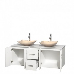 60 inch Double Bathroom Vanity in Matte White, White Man-Made Stone Countertop, Arista Ivory Marble Sinks, and No Mirror