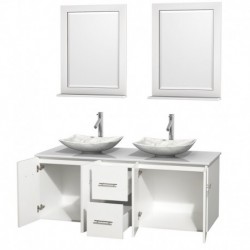 60 inch Double Bathroom Vanity in Matte White, White Man-Made Stone Countertop, Arista White Carrera Marble Sinks, and 24 inch