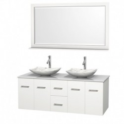 60 inch Double Bathroom Vanity in Matte White, White Man-Made Stone Countertop, Arista White Carrera Marble Sinks, and 58 inch