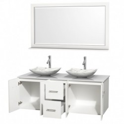 60 inch Double Bathroom Vanity in Matte White, White Man-Made Stone Countertop, Arista White Carrera Marble Sinks, and 58 inch