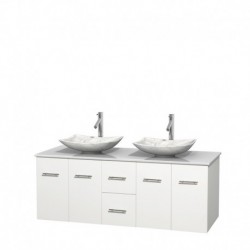 60 inch Double Bathroom Vanity in Matte White, White Man-Made Stone Countertop, Arista White Carrera Marble Sinks, and No Mirro