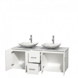 60 inch Double Bathroom Vanity in Matte White, White Man-Made Stone Countertop, Arista White Carrera Marble Sinks, and No Mirro