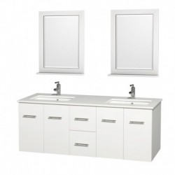 60 inch Double Bathroom Vanity in Matte White, White Man-Made Stone Countertop, Undermount Square Sink, and 24 inch Mirrors