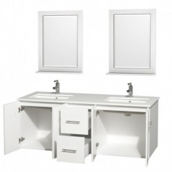 60 inch Double Bathroom Vanity in Matte White, White Man-Made Stone Countertop, Undermount Square Sink, and 24 inch Mirrors