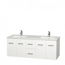 60 inch Double Bathroom Vanity in Matte White, White Man-Made Stone Countertop, Undermount Square Sinks, and No Mirror