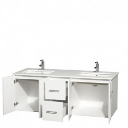 60 inch Double Bathroom Vanity in Matte White, White Man-Made Stone Countertop, Undermount Square Sinks, and No Mirror