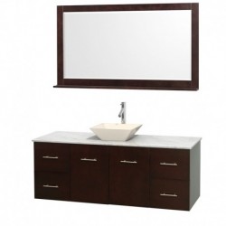 60 inch Single Bathroom Vanity in Espresso, White Carrera Marble Countertop, Pyra Bone Porcelain Sink, and 58 inch Mirror