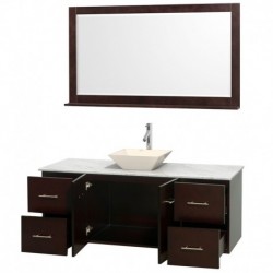 60 inch Single Bathroom Vanity in Espresso, White Carrera Marble Countertop, Pyra Bone Porcelain Sink, and 58 inch Mirror