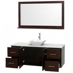 60 inch Single Bathroom Vanity in Espresso, White Carrera Marble Countertop, Pyra White Porcelain Sink, and 58 inch Mirror